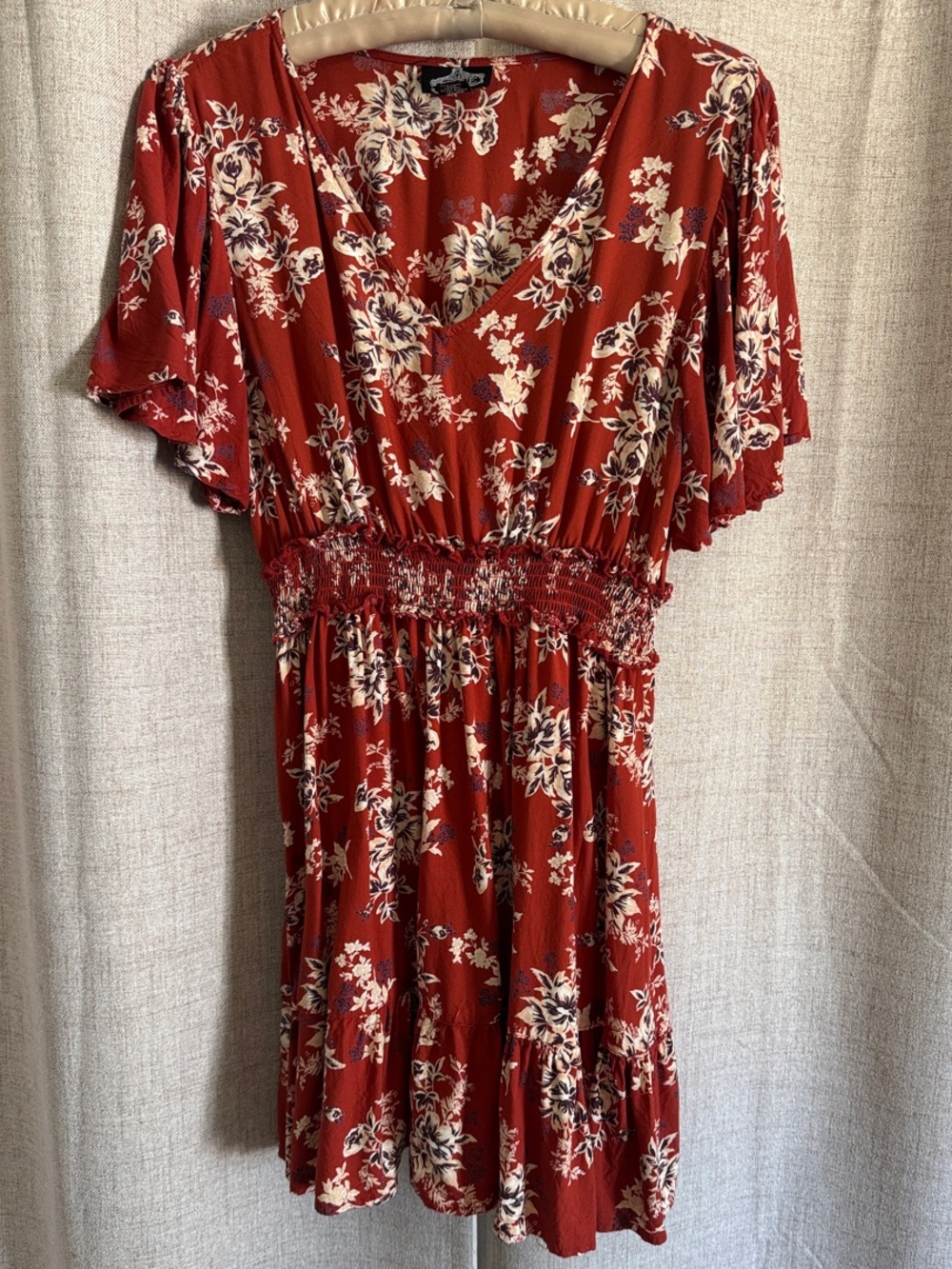 Rust Floral Smocked Waist Mini Dress